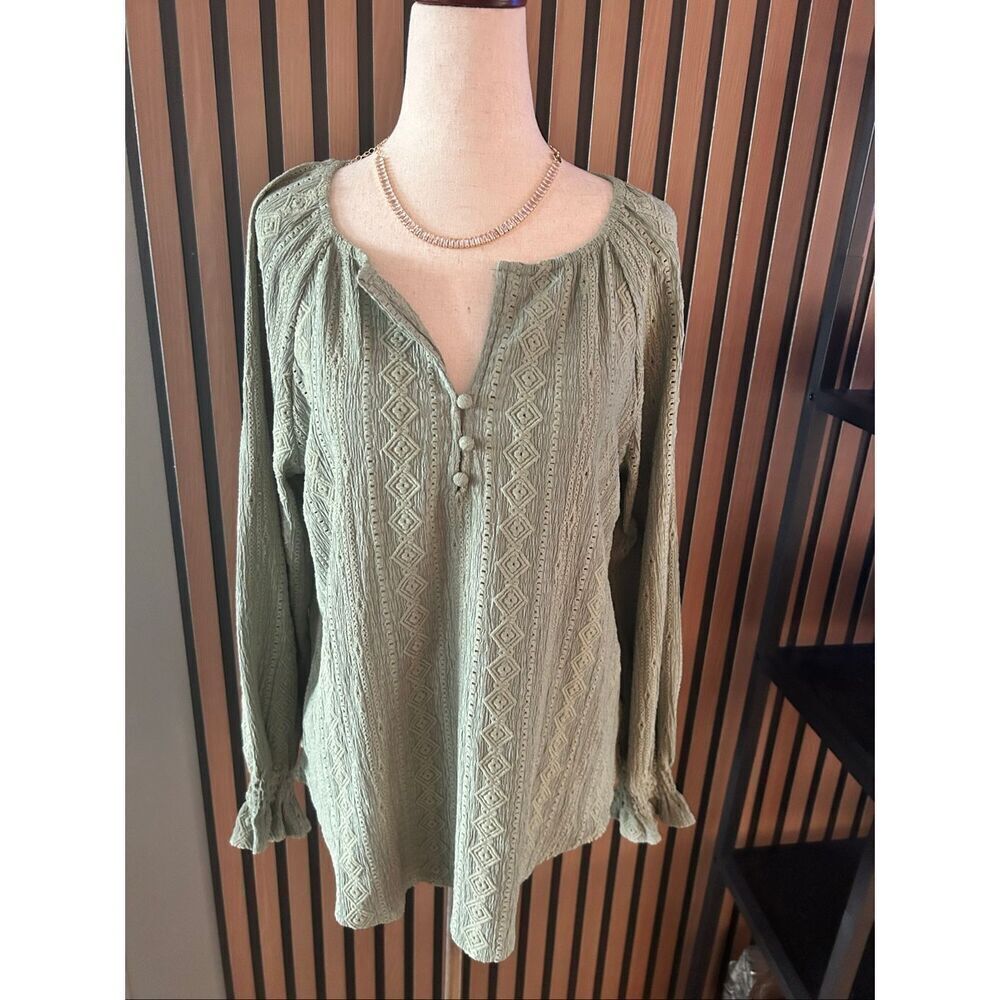 Frye Shirt Womens sz S Green Textured Peasant Boho Festival Blouse
